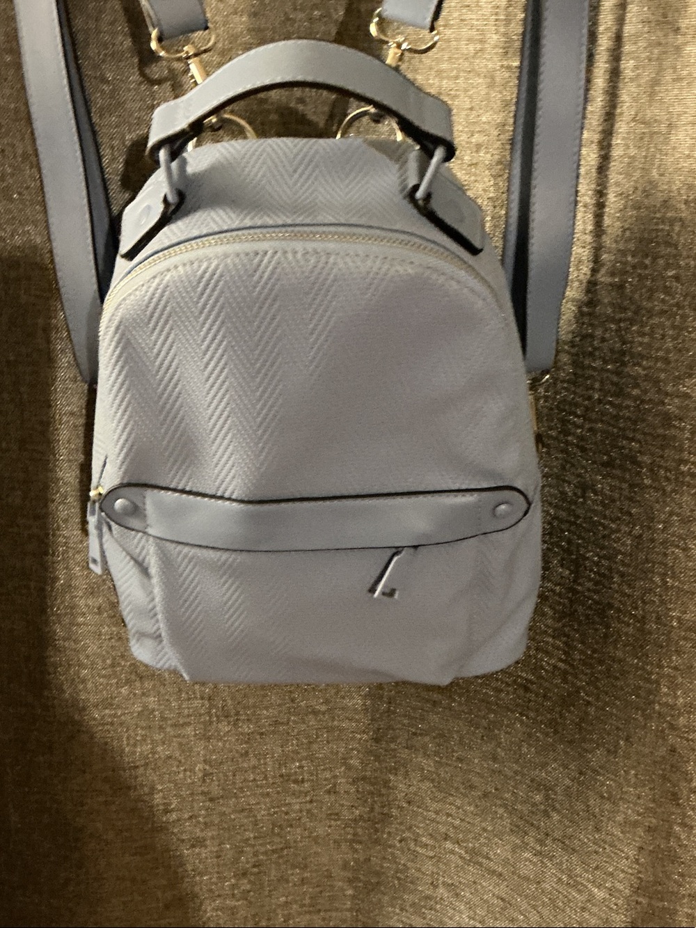 Mini Textured Light Gray Backpack with Gold Hardware